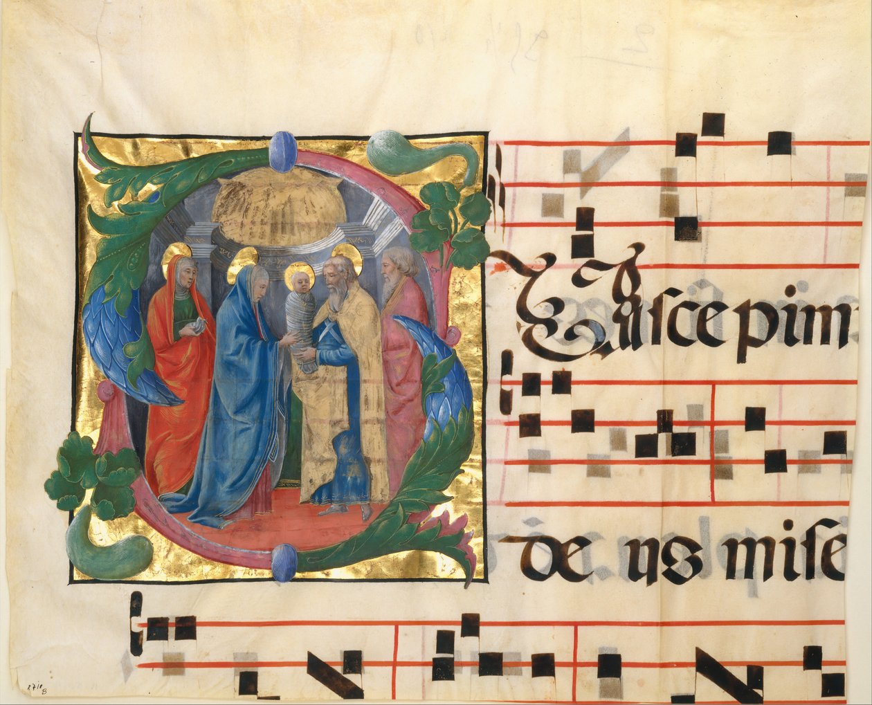 Iluminação de Manuscritos com Apresentação no Templo em S inicial, de Gradual,1450-60. de Unbekannt