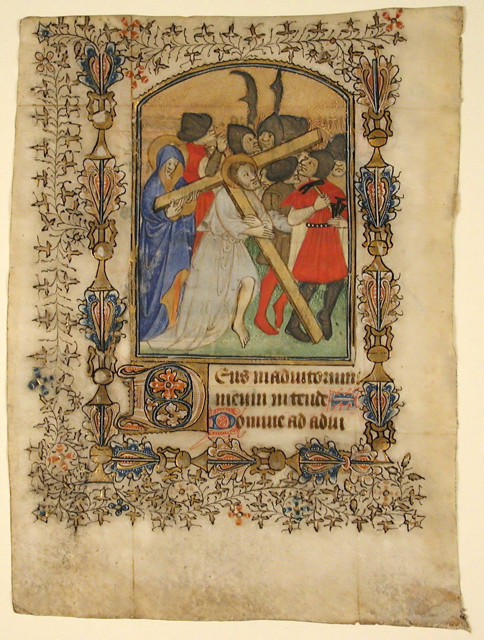 Folha Manuscrito de um Livro de Horas... Inicial D iluminada e Cristo Carregando a Cruz, 1390-140 de Unbekannt
