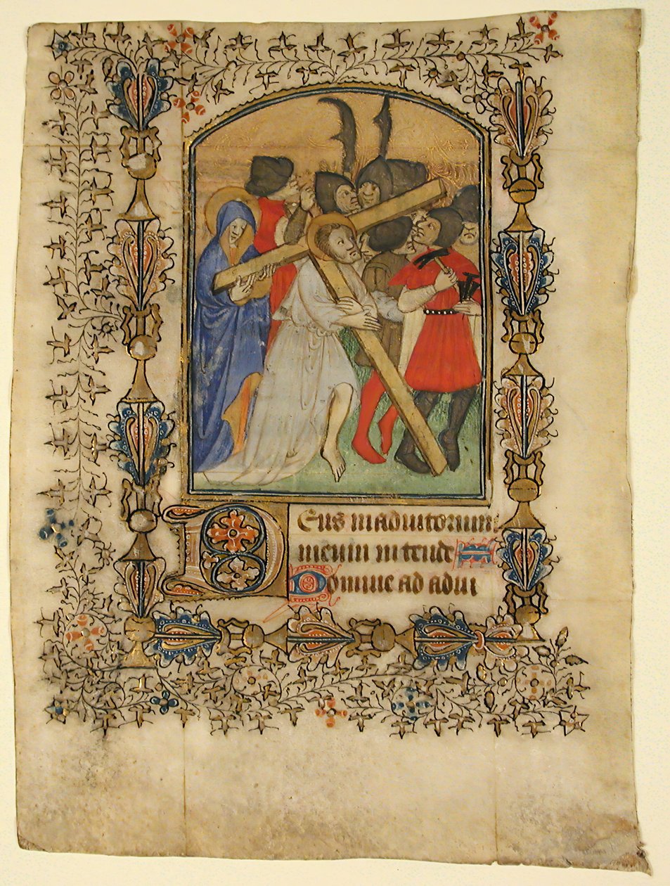 Folha de manuscrito de um livro de horas mostrando uma inicial iluminada D e Cristo..., 1390-1400. de Unbekannt