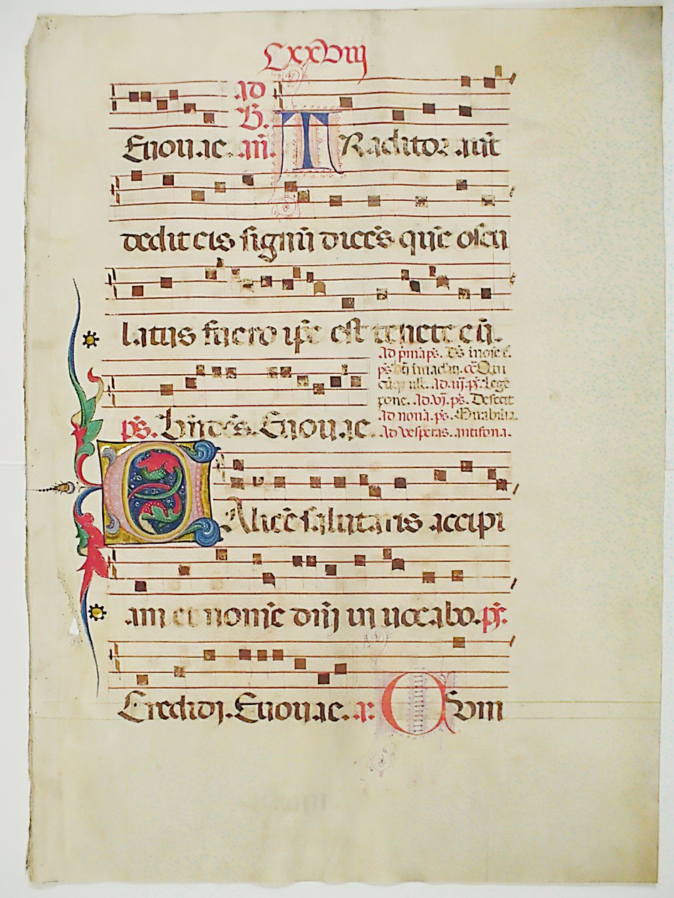 Folha Manuscrito com inicial C, de um Antifonário, italiano, do século XV. de Unbekannt