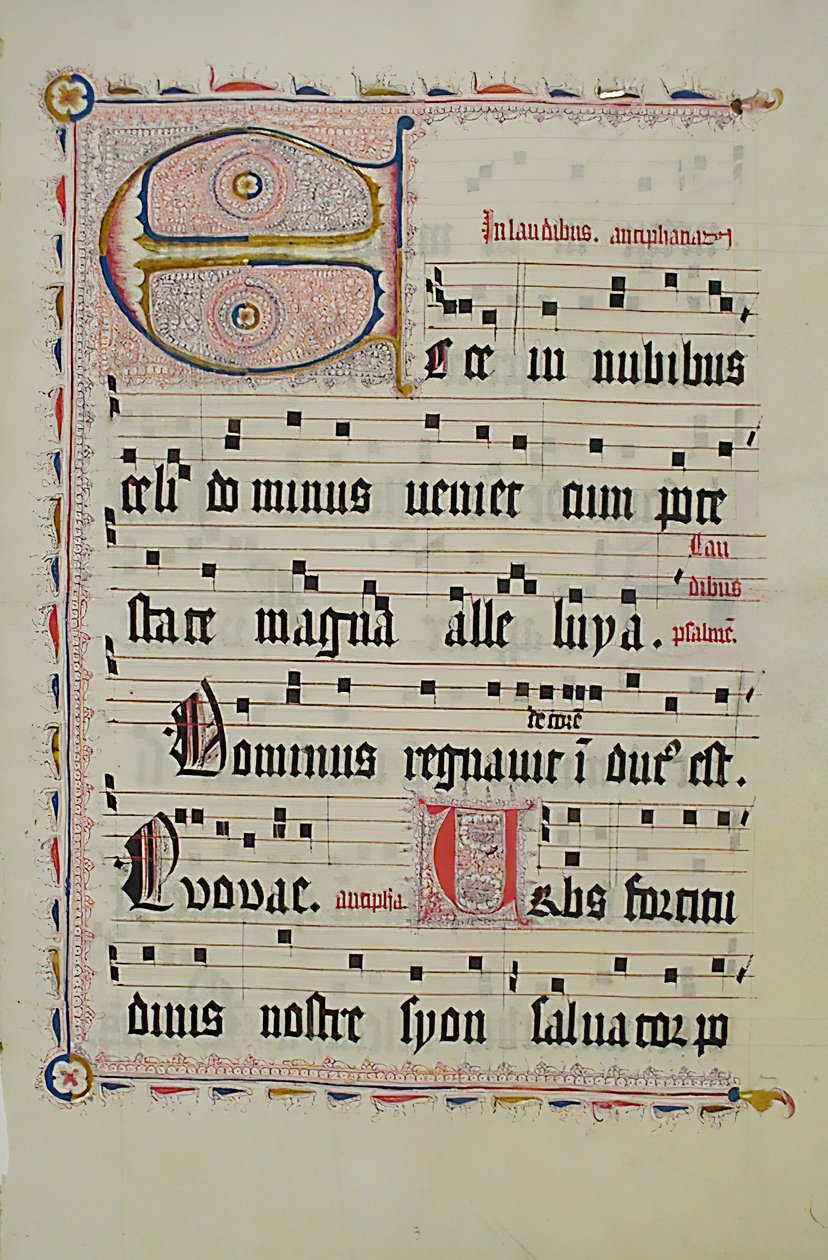Folha manuscrita com inicial E, de um antifonário, alemão, segundo quartel do século XV. de Unbekannt