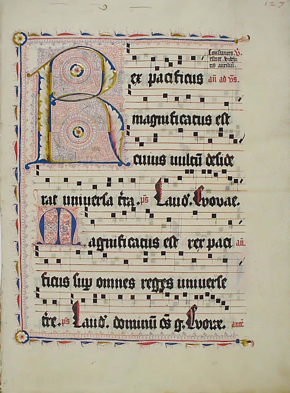 Folha Manuscrito com R inicial, de um antifonário, alemão, segundo quartel do século XV. de Unbekannt
