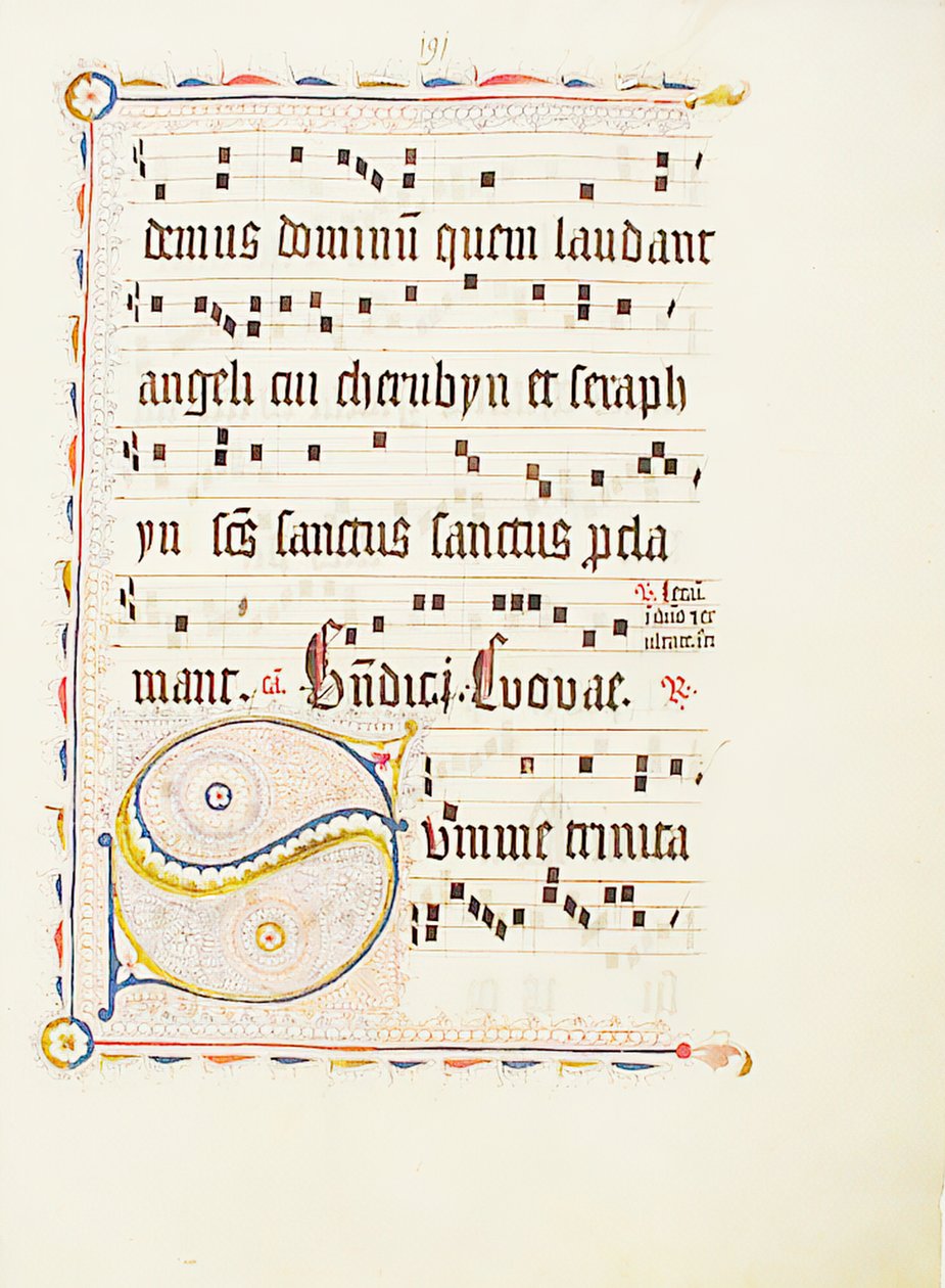 Folha manuscrita com inicial S, de um antifonário, alemão, segundo quartel do século XV. de Unbekannt