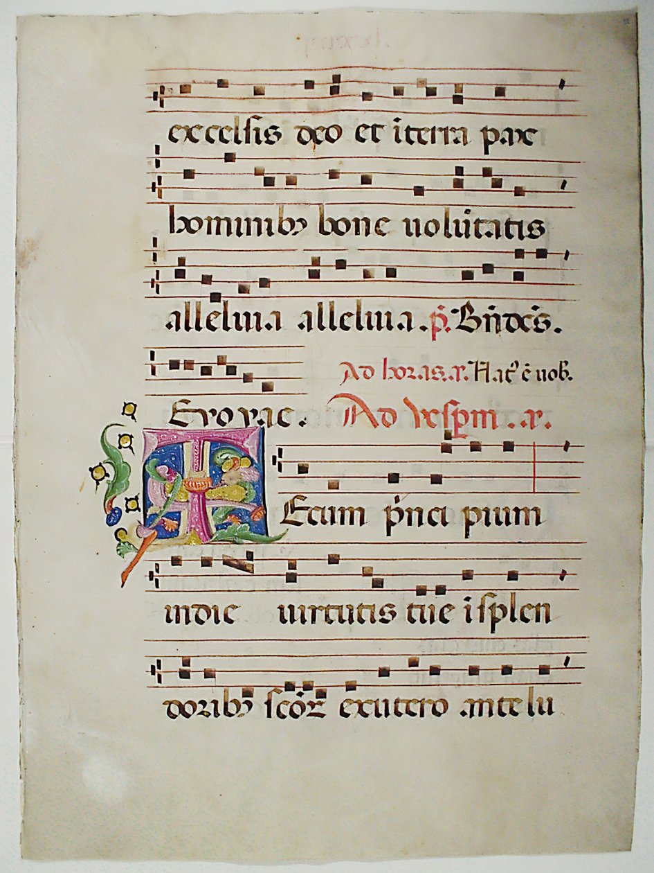 Folha Manuscrito com inicial T, de um Antifonário, italiano, do século XV. de Unbekannt