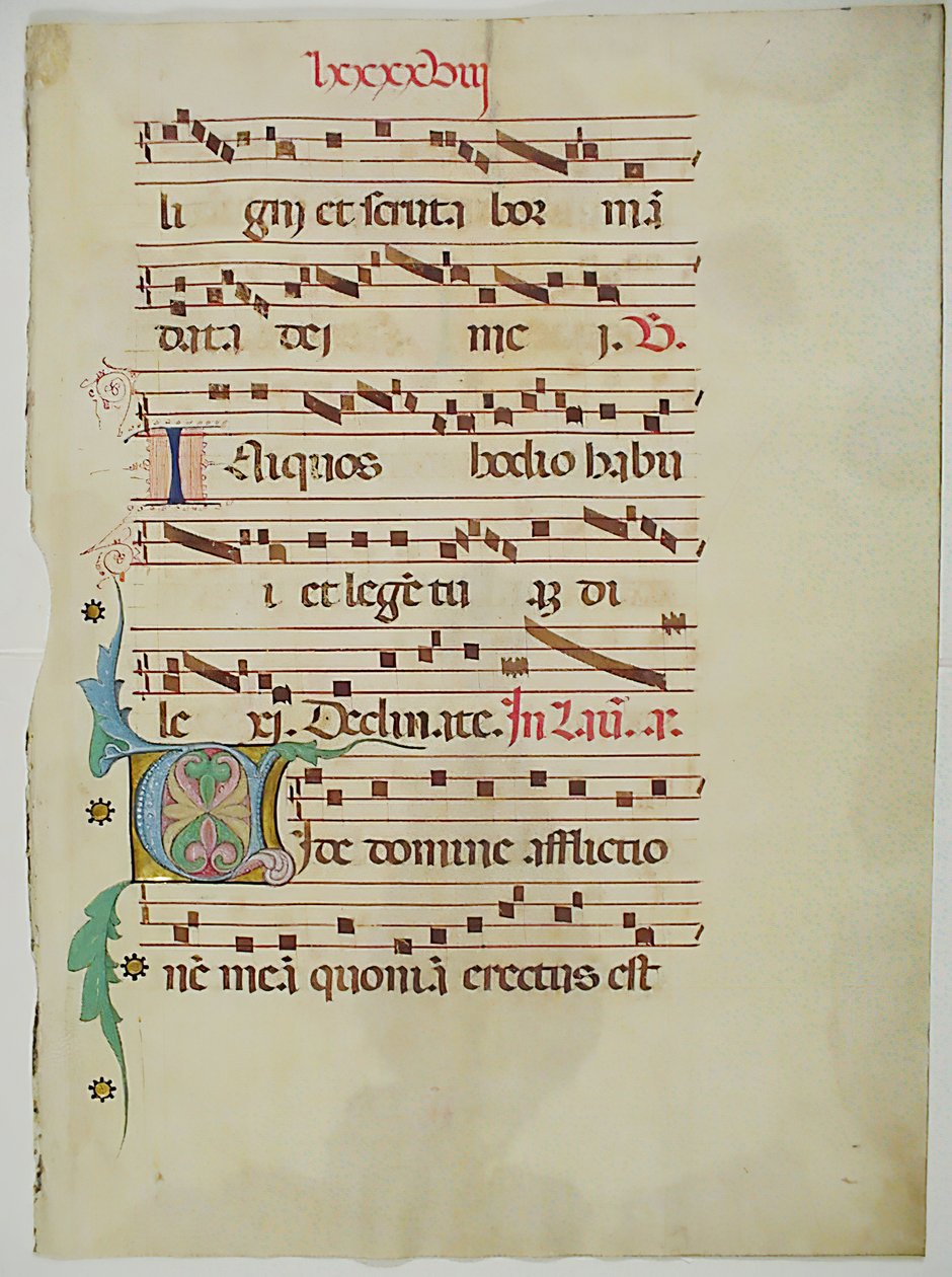 Folha Manuscrito com inicial V, de um antifonário, italiano, do século XV. de Unbekannt