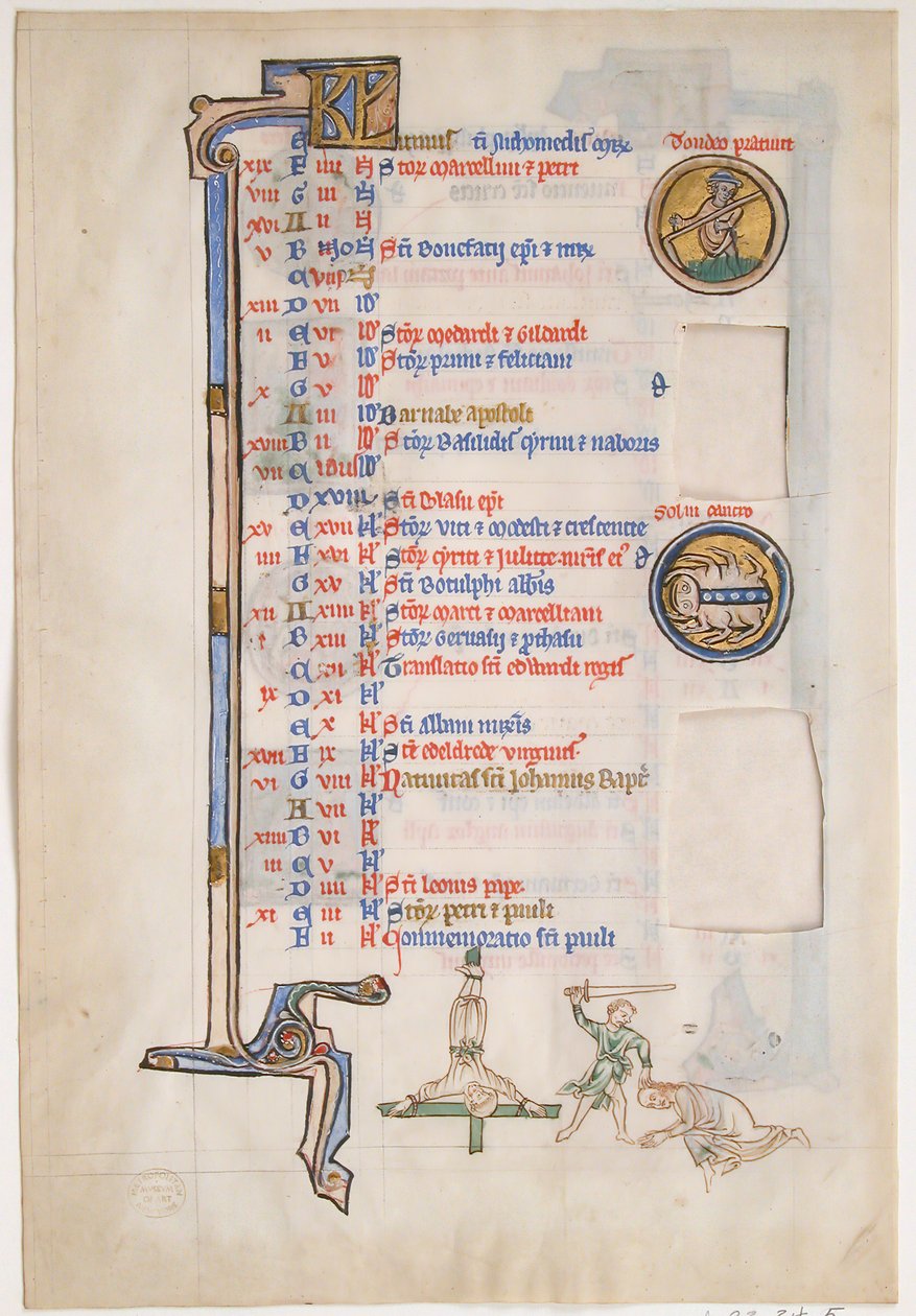 Folha Manuscrito com Calendário de Junho, de um Saltério Real, britânico, século XIII. de Unbekannt