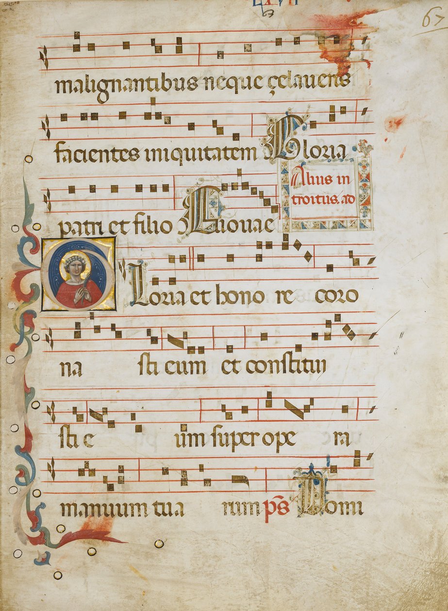 Folha de Manuscrito com uma santa possivelmente Dorothy em um G inicial, de um Gradual, ca. 1330-40. de Unbekannt