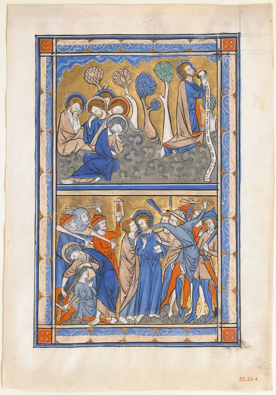 Folha de Manuscrito com a Agonia no Jardim e Traição de Cristo, de um Saltério Real, ca. 1270. de Unbekannt