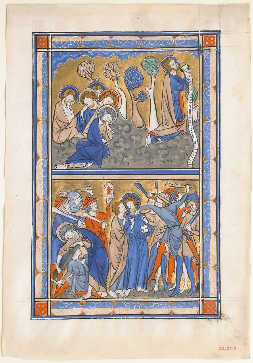 Folha do manuscrito com a agonia no jardim e a traição de Cristo, de um Saltério Real, ca. 1270 de Unbekannt