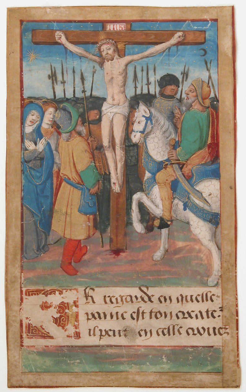 Folha Manuscrito com a Crucificação, de um Livro de Horas, francês, século XV. de Unbekannt