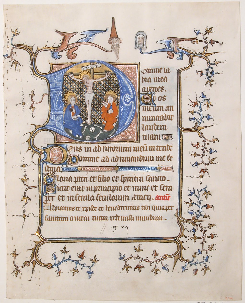 Folha Manuscrito com a Crucificação em D inicial, de um Livro de Horas, c. 1350. de Unbekannt