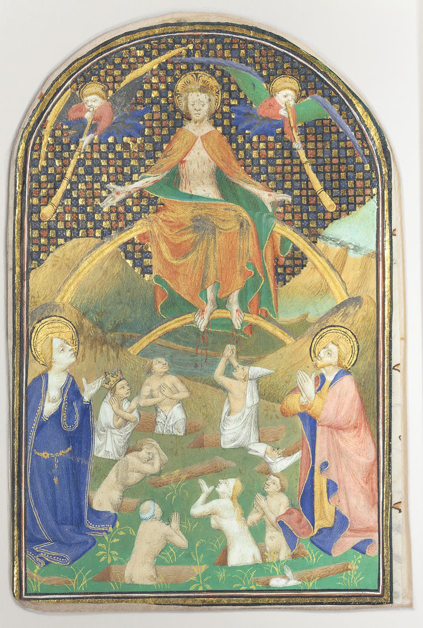 Folha do manuscrito com o último julgamento, de um livro de horas, ca. 1400 de Unbekannt