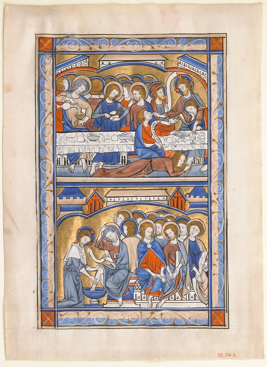 Folha do manuscrito com a última ceia e a lavagem dos pés dos apóstolos Folha ..., ca. 1250-70. de Unbekannt