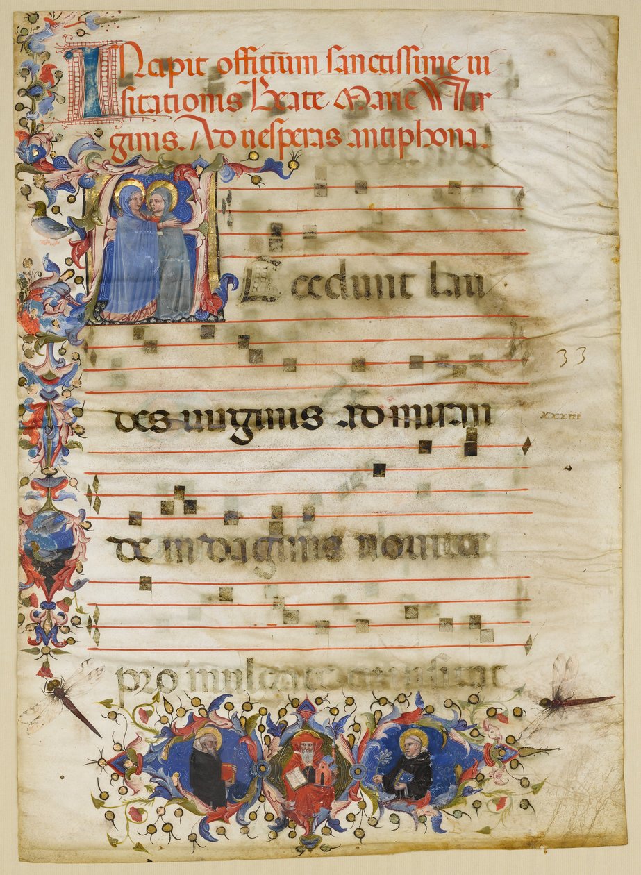 Folha Manuscrito com a Visitação em Inicial A e Cardeal Adam Easton..., italiano, ca. 1400. de Unbekannt