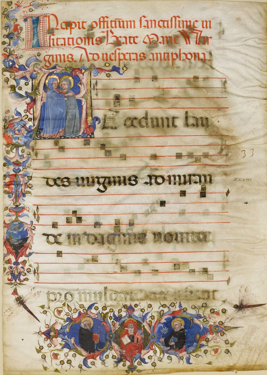 Folha de Manuscrito com a Visitação em um A inicial e o Cardeal Adam Easton..., ca. 1400. de Unbekannt