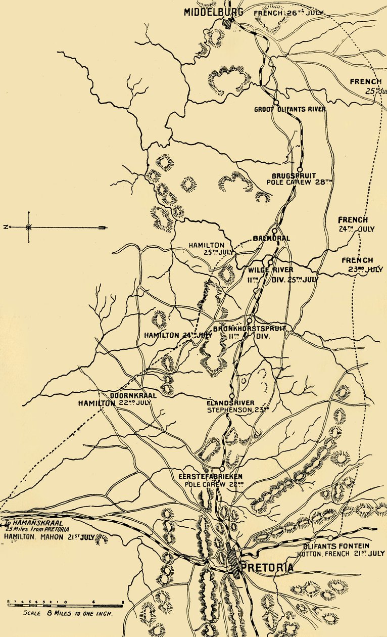 Mapa que ilustra o movimento para o leste de Eerstefabrieken para Middelburg, 1901. de Unbekannt