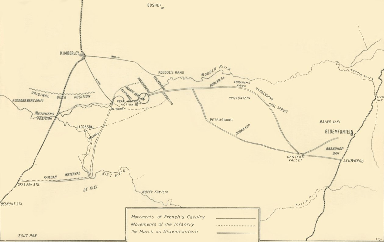 Mapa que ilustra os movimentos para o alívio de Kimberley e a captura de Bloemfontein, 1901. de Unbekannt