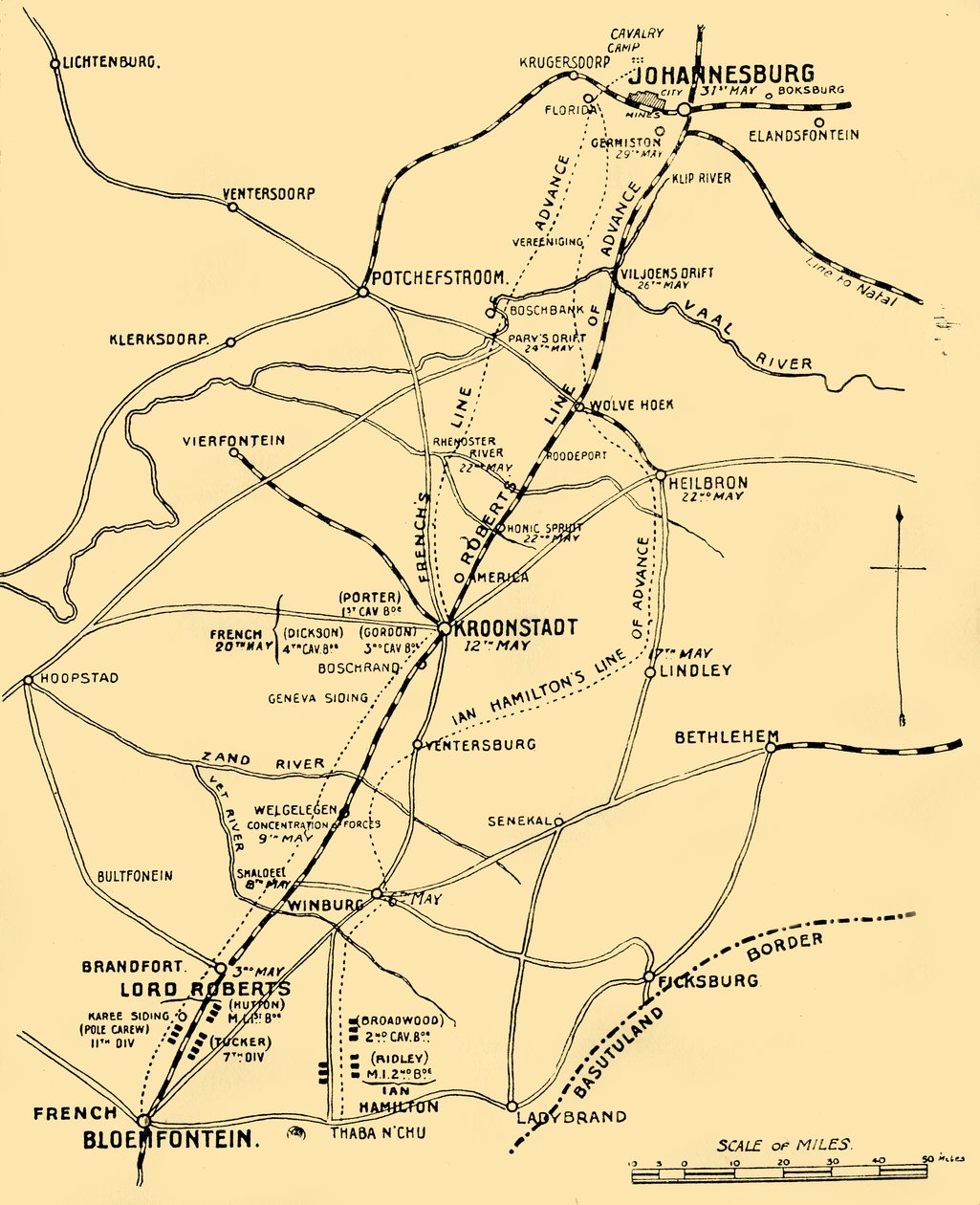 Mapa mostrando as linhas de avanço de Bloemfontein para Pretória, 1901. de Unbekannt