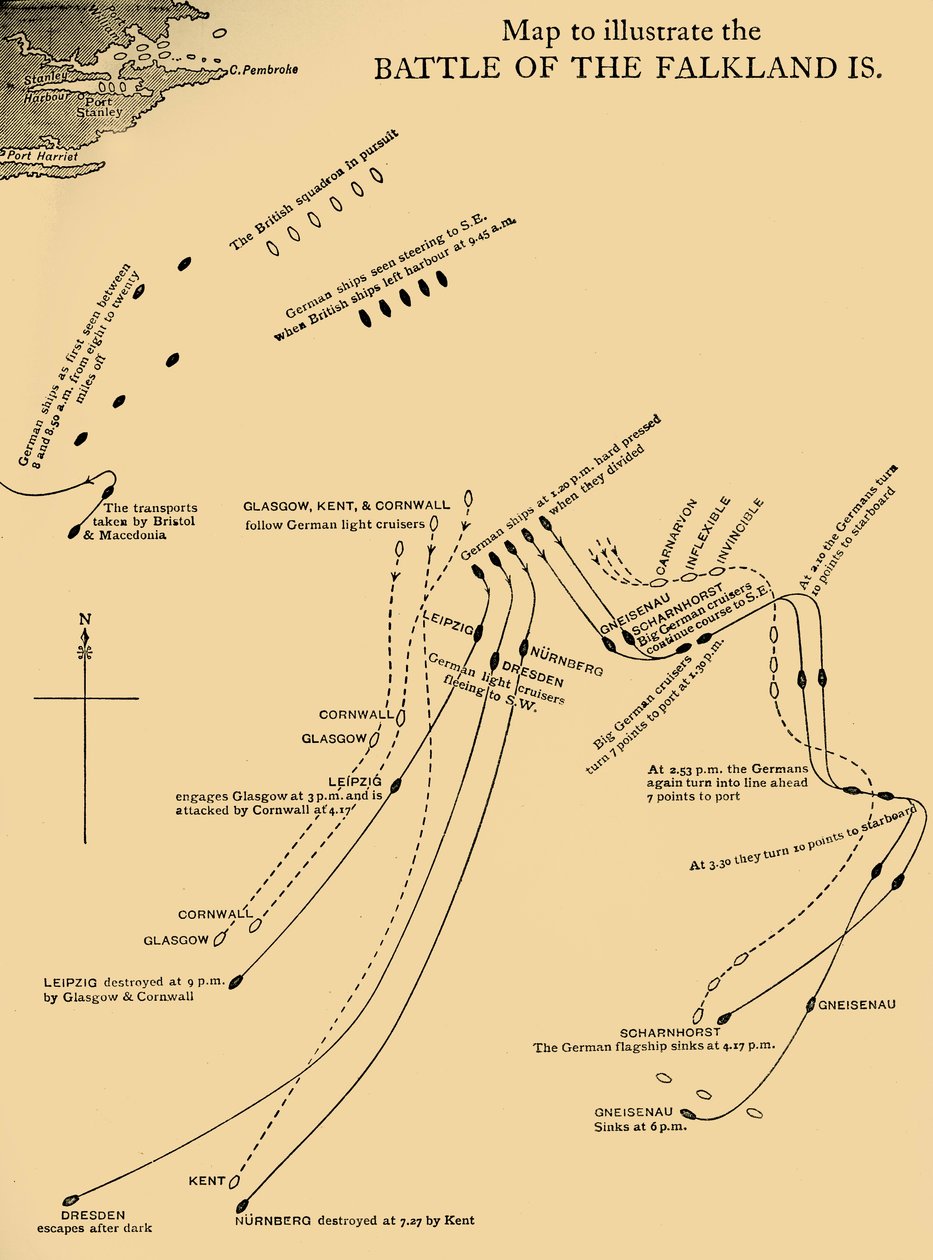 Mapa que ilustra a Batalha das Ilhas Malvinas em 8 de dezembro de 1914, c1920. de Unbekannt