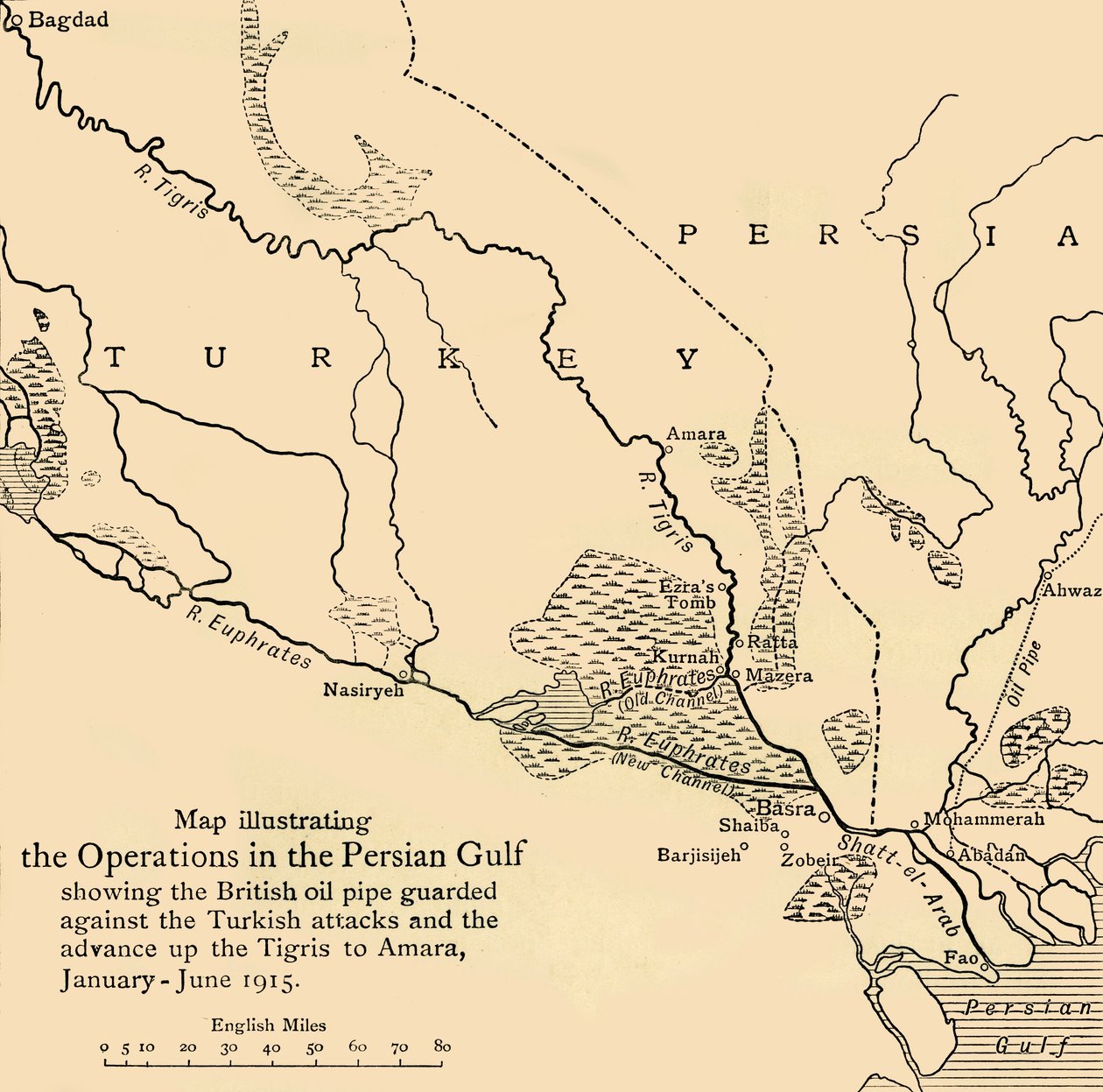 Mapa que ilustra as operações no Golfo Pérsico, Primeira Guerra Mundial, 1915, c1920. de Unbekannt