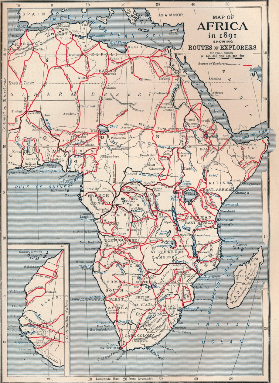 Mapa da África em 1891, mostrando rotas de exploradores, 1906 de Unbekannt