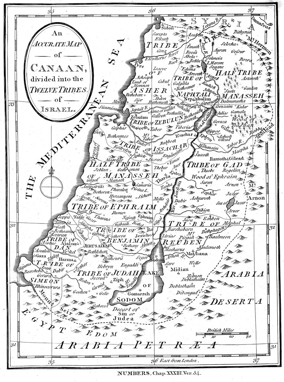 Mapa de Canaã dividido nas doze tribos de Israel, c1830 de Unbekannt