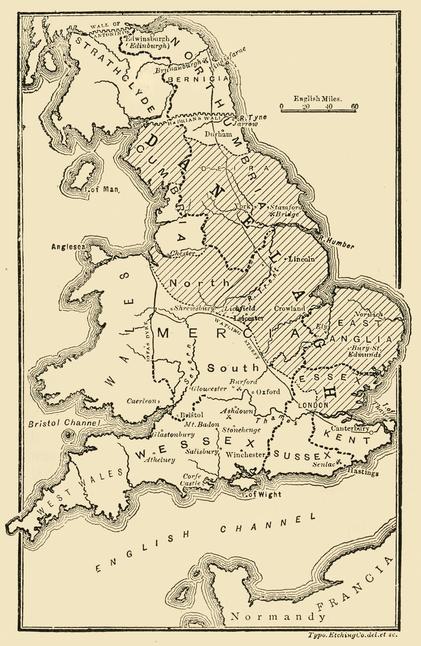 Mapa da Inglaterra, mostrando reinos anglo-saxões e distritos dinamarqueses, século c9th, 189 de Unbekannt