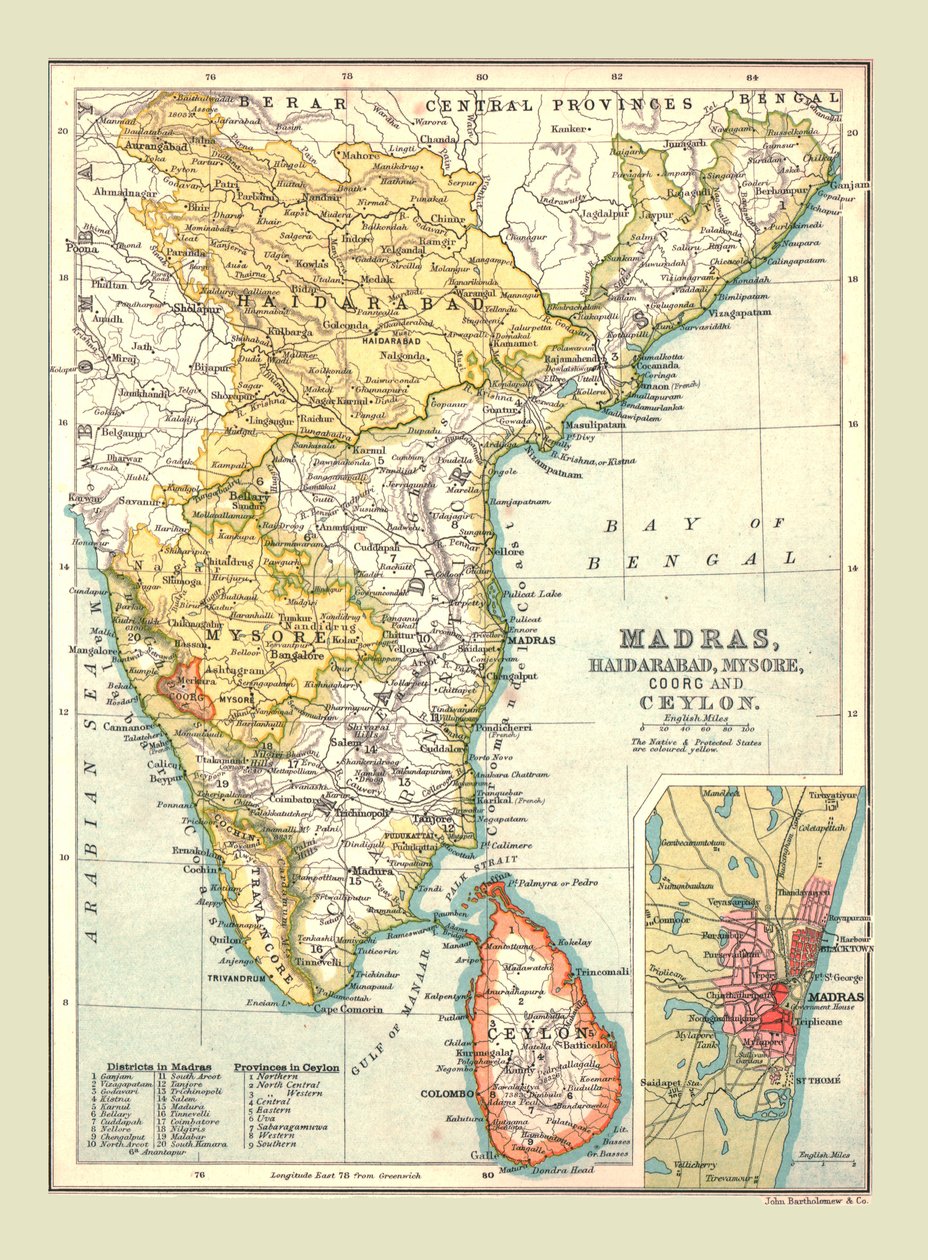 Mapa de Madras, Hyderabad, Mysore, Coorg e Ceilão, 1902. de Unbekannt