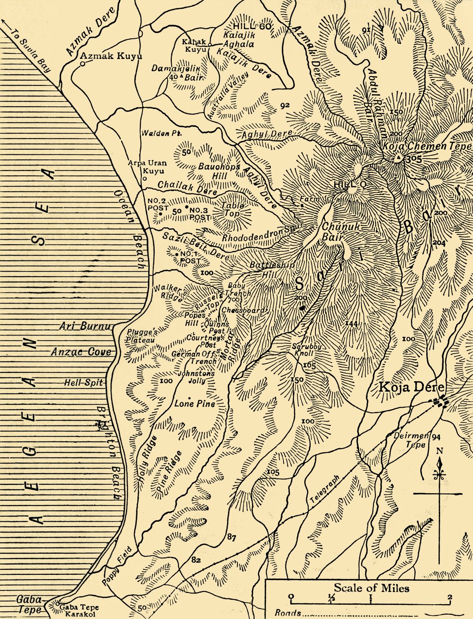 Mapa de Sari Bair, península de Gallipoli, Primeira Guerra Mundial, 1915, c1920. de Unbekannt