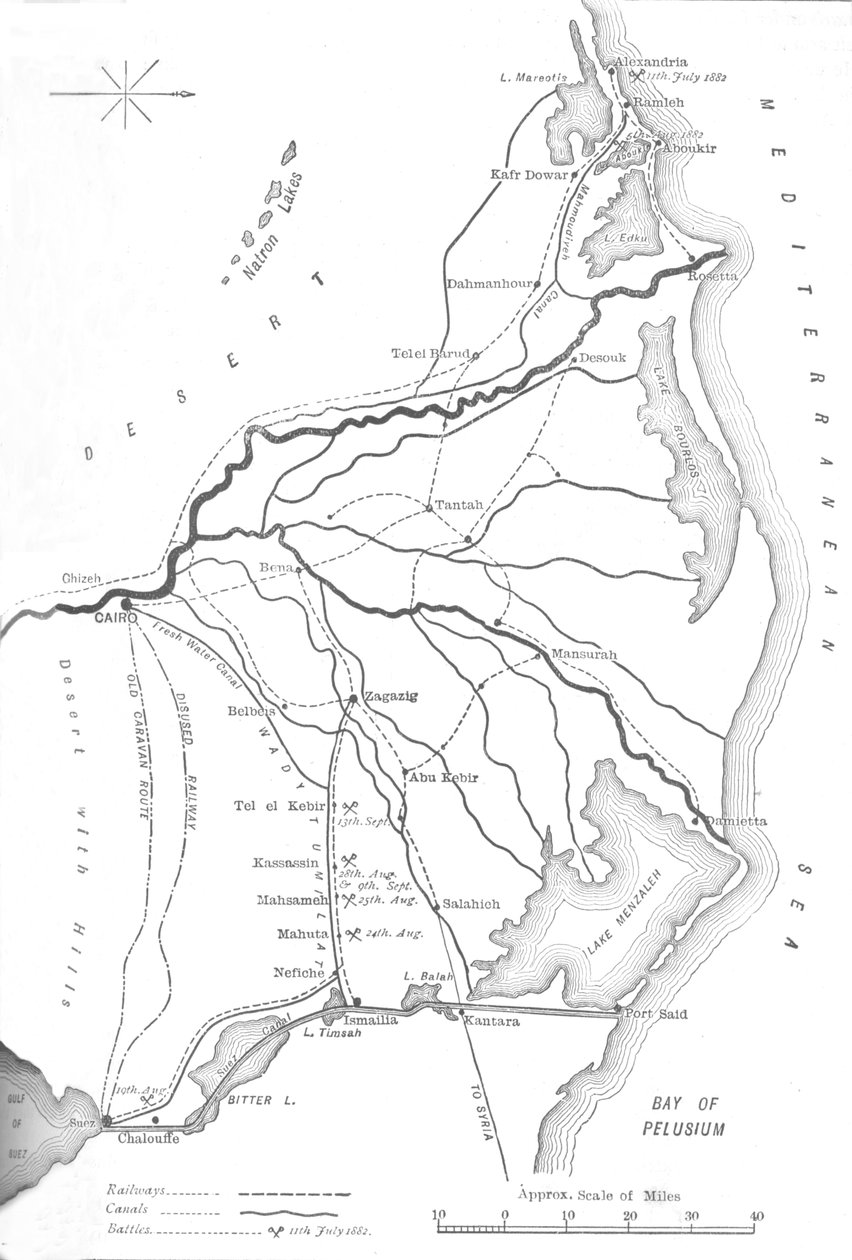 Mapa do Delta do Nilo, pontos estratégicos da campanha egípcia, 1882, c1882-85 de Unbekannt