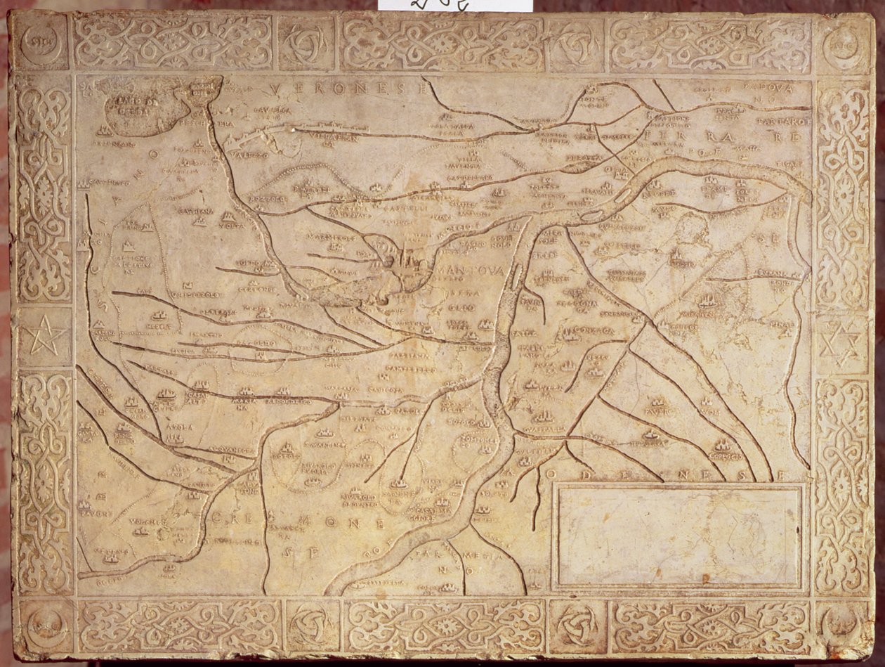 Mapa do território mantuano, esculpido em baixo relevo (mármore) de Unbekannt