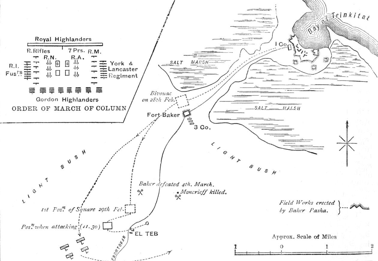 Mapa da marcha para El Teb, 28-29 de fevereiro de 1884, c1881-85 de Unbekannt