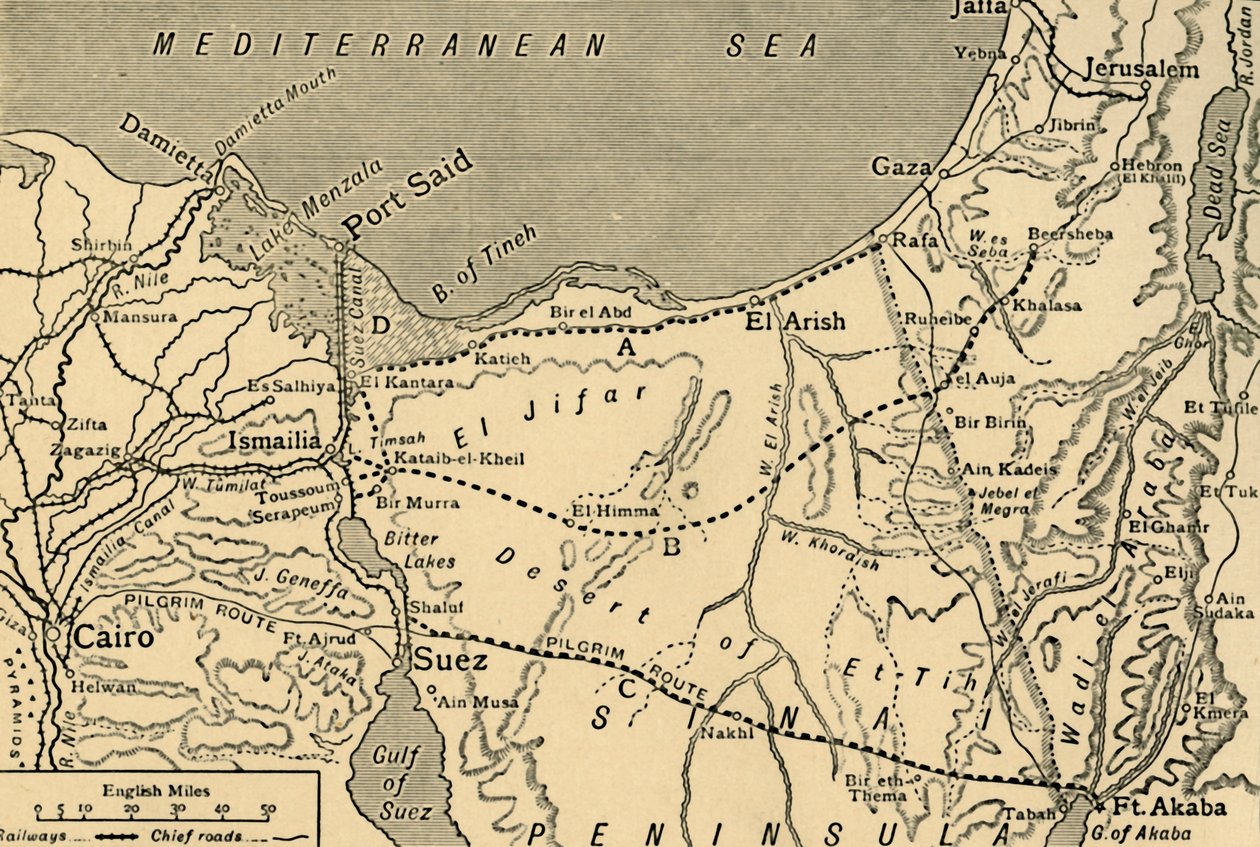 Mapa do ataque turco ao canal de Suez, Egito, Primeira Guerra Mundial, 1915, c1920. de Unbekannt