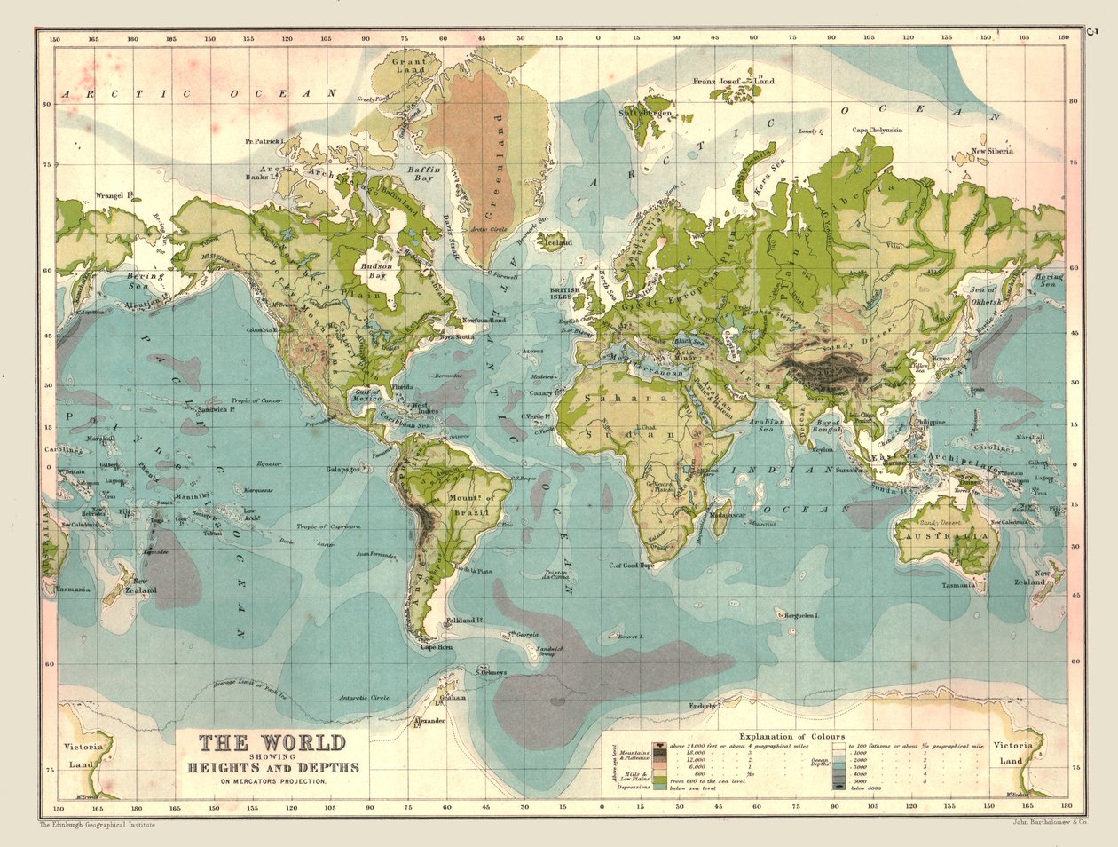 Mapa do mundo mostrando alturas e profundidades, 1902. de Unbekannt