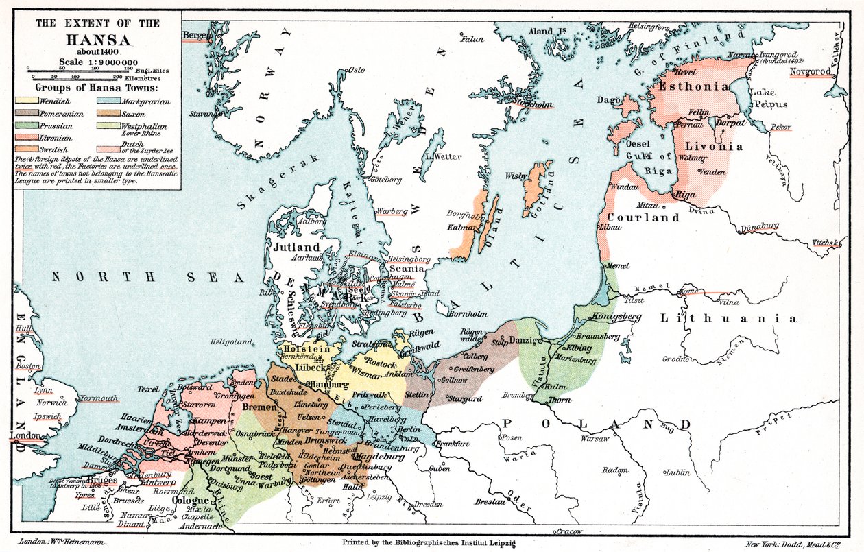 Mapa da extensão da Liga Hanseática em cerca de 1400 de Unbekannt