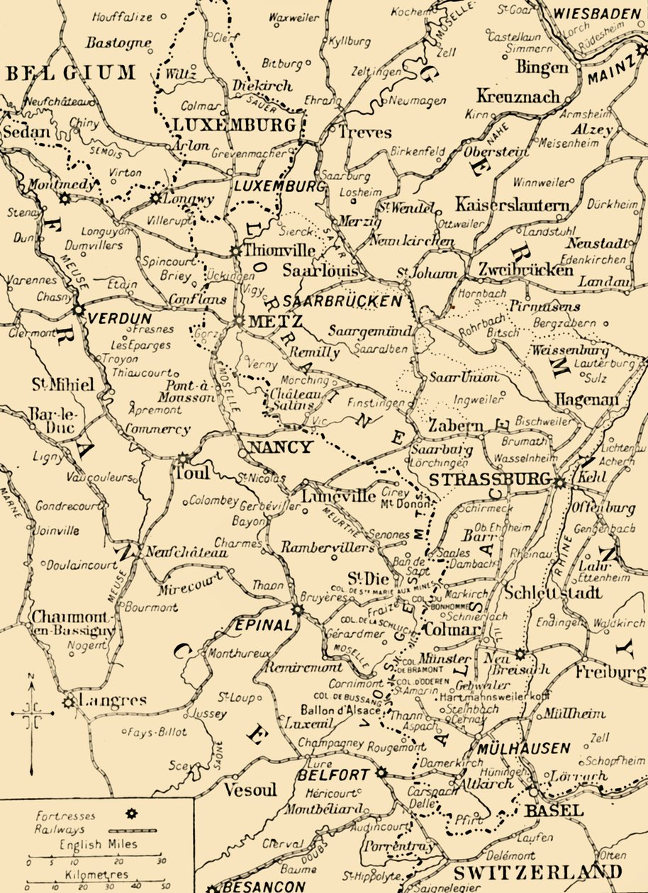 Mapa mostrando a fronteira entre França e Alemanha, Primeira Guerra Mundial, c1915, c1920. de Unbekannt