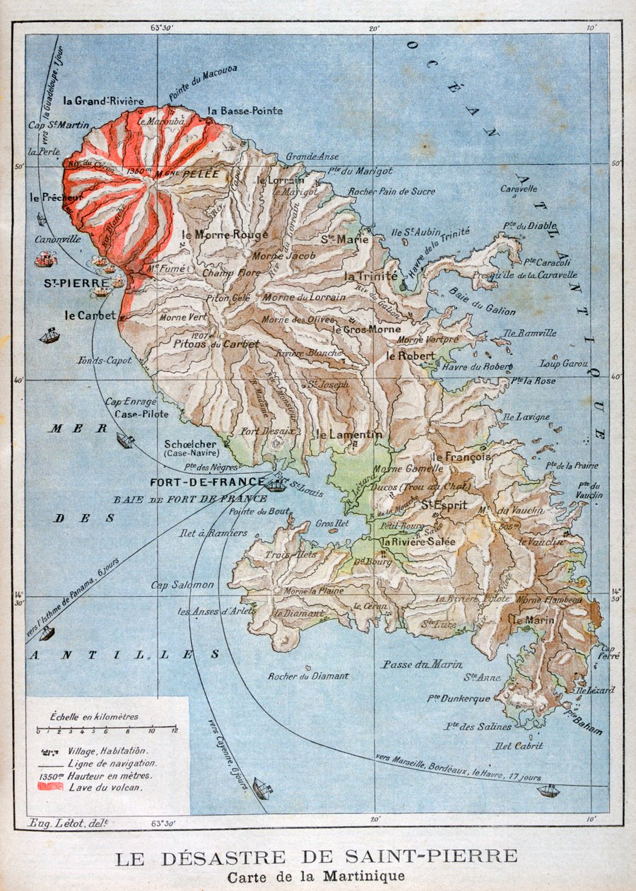 Mapa mostrando a erupção do Monte Pelee, Martinica, 1902 de Unbekannt