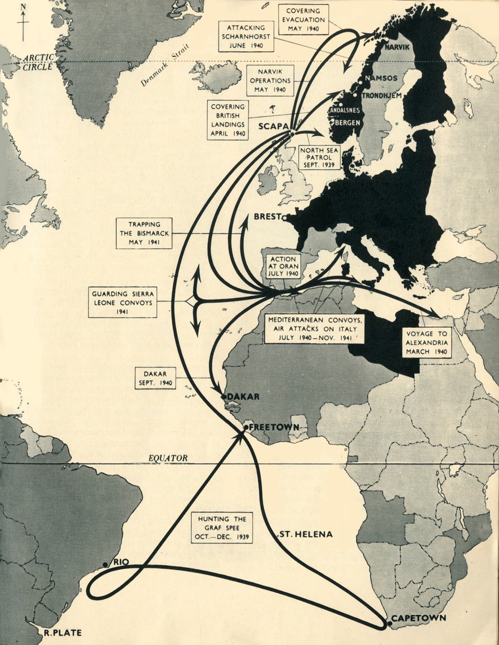 Mapa mostrando os movimentos do HMS Ark Royal, 1939-1941, 1942. de Unbekannt