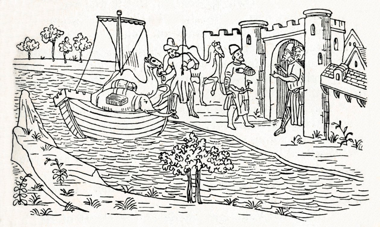 Marco Polo Lands em Ormuz, c1300, 1912 de Unbekannt