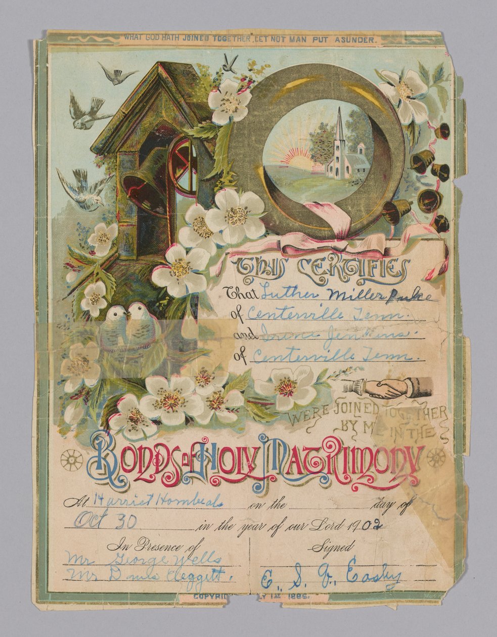 Certidão de casamento de Luther Miller Pulce e Irene Jenkins, 30 de outubro de 1902. de Unbekannt