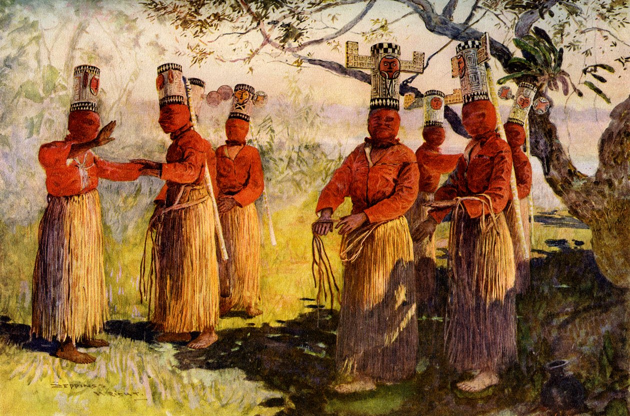 Dançarinos mascarados de Opaina, Rio Apaporis, Brasil de Unbekannt