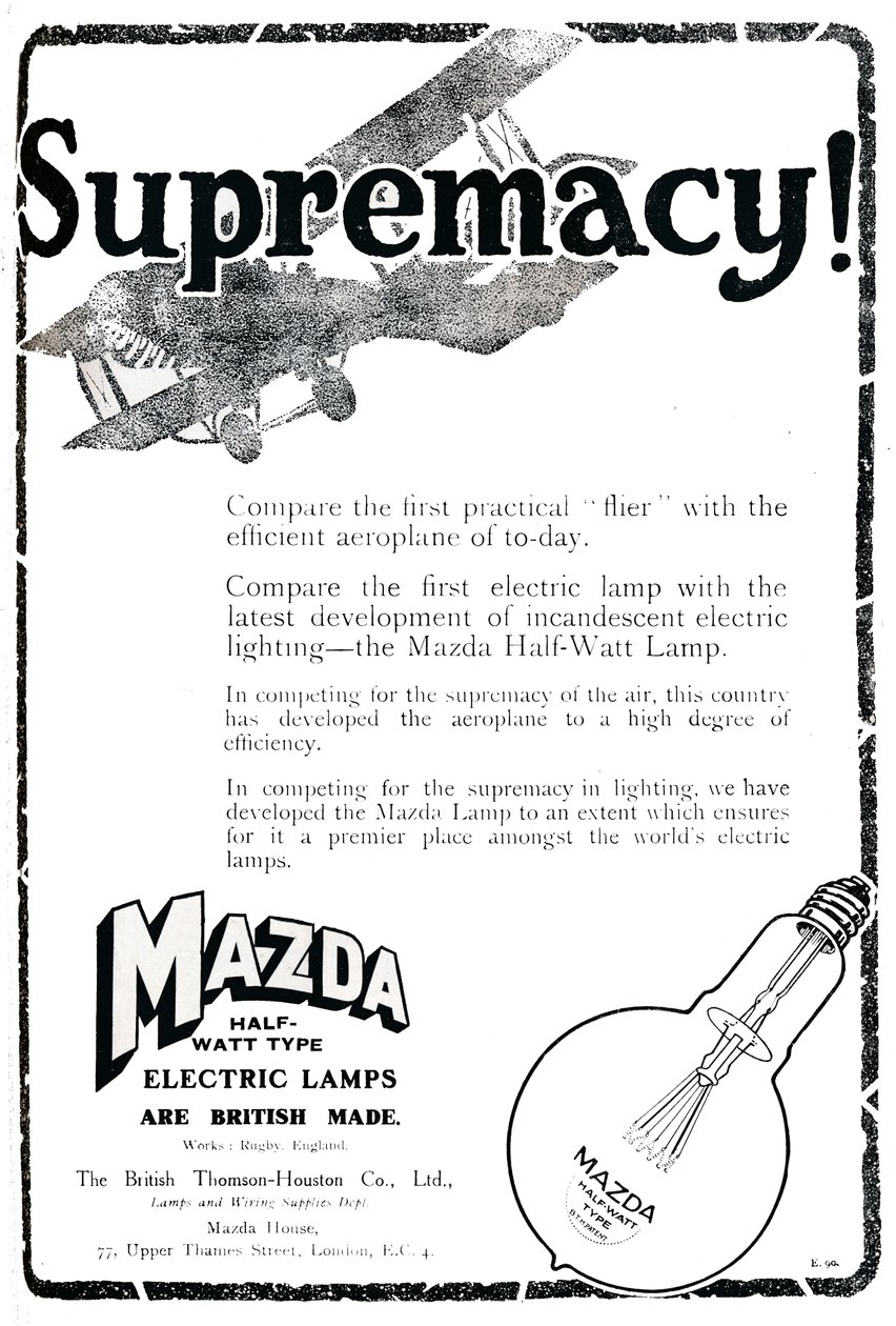 Anúncio de lâmpadas elétricas tipo Mazda de meio watt, 1919 de Unbekannt