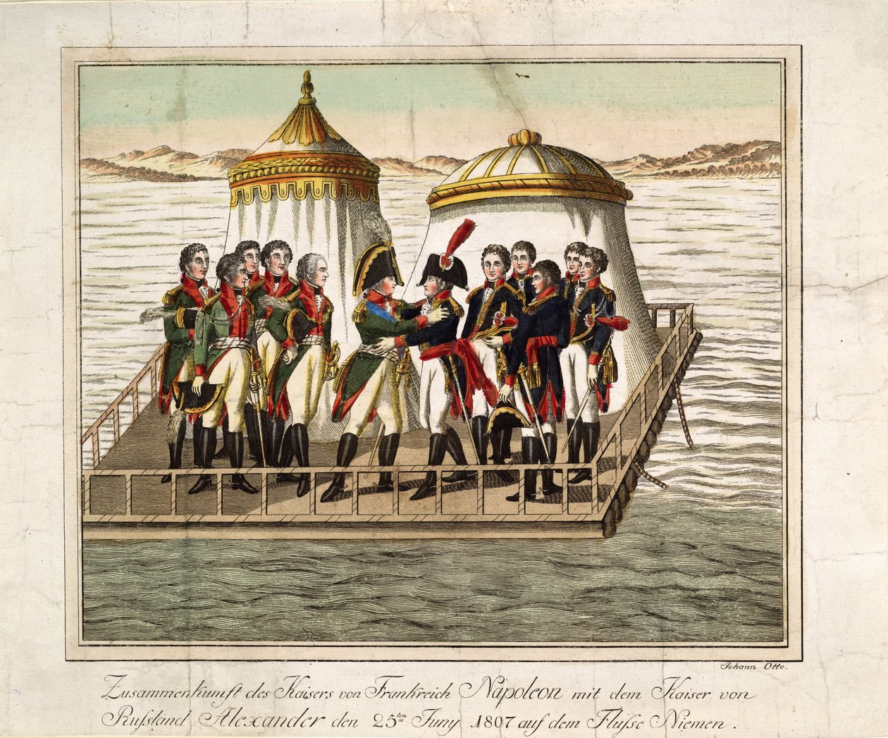 Encontro dos Imperadores Alexandre I da Rússia e Napoleão I da França no Neman perto de Tilsit, 1807 de Unbekannt