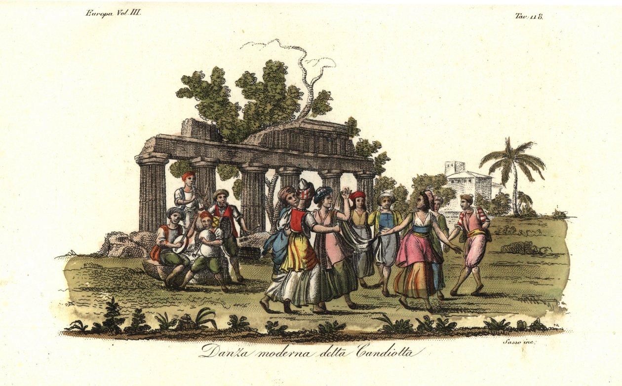 Homens e mulheres dançando a moderna dança Candiota ou Candiotta, popular na ilha de Creta no século XVIII de Unbekannt