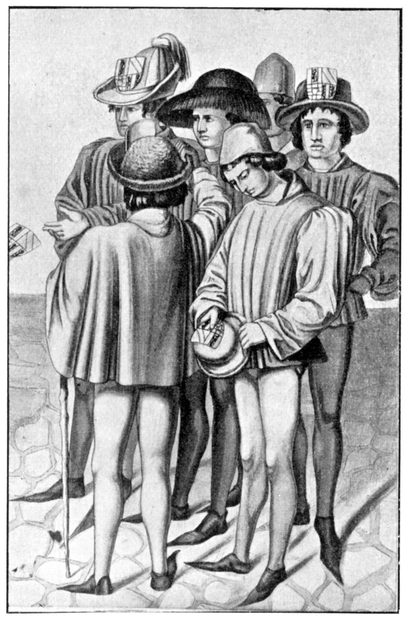 Homens vestindo favores em seus chapéus, século 15, 1910 de Unbekannt