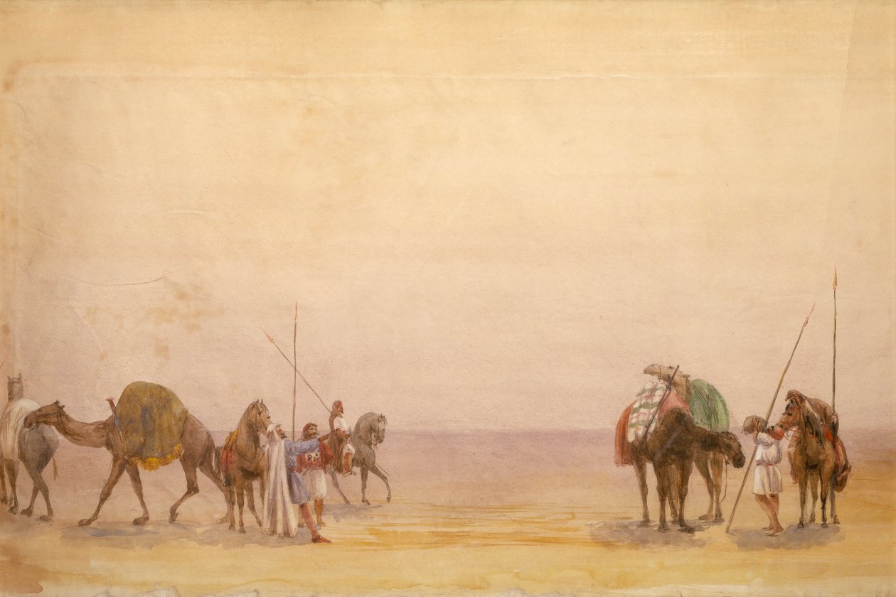 Homens com camelos e cavalos, parte do Panorama de Londres a Hong Kong de Unbekannt