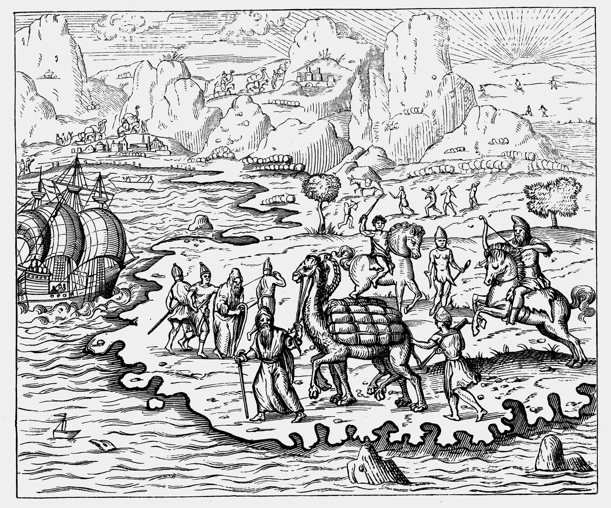 Comerciantes transportando mercadorias para a costa e um navio à espera de camelo, 1575 de Unbekannt