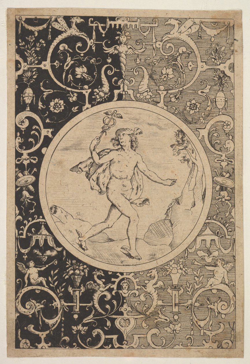 Mercúrio em uma Moldura Decorativa com Grotescos, ca. 1600-1630. de Unbekannt