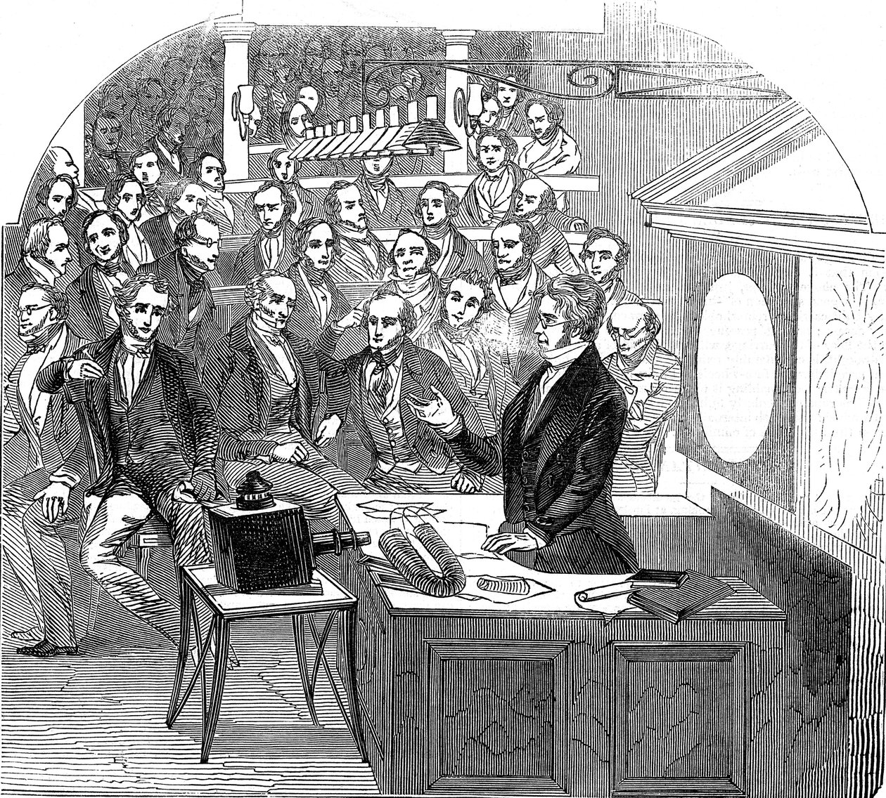 Michael Faraday palestrando sobre eletricidade e magnetismo, Royal Institution, Londres, 1846 de Unbekannt