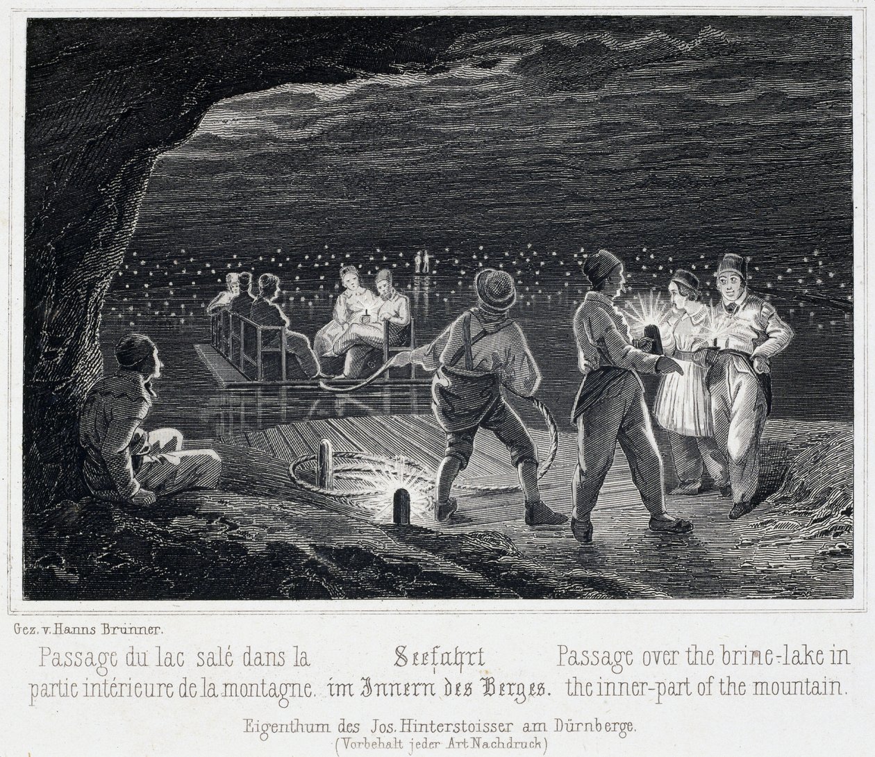 Mina de sal: atravessando o lago sujo, dentro da montanha, por volta de 1850, em Durrnberg, Áustria de Unbekannt